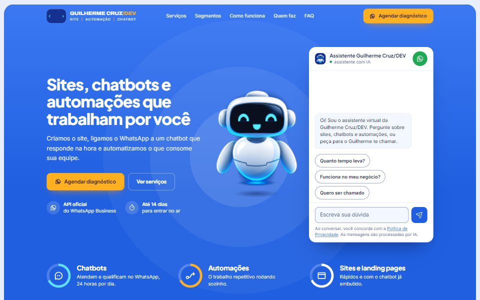 Tela inicial do site da Guilherme Cruz/DEV, com o robô assistente e o chat